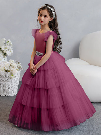 Tulle Ball Gown/Princess Flower Girl Dresses With Tiered Pleats & Rhinestones