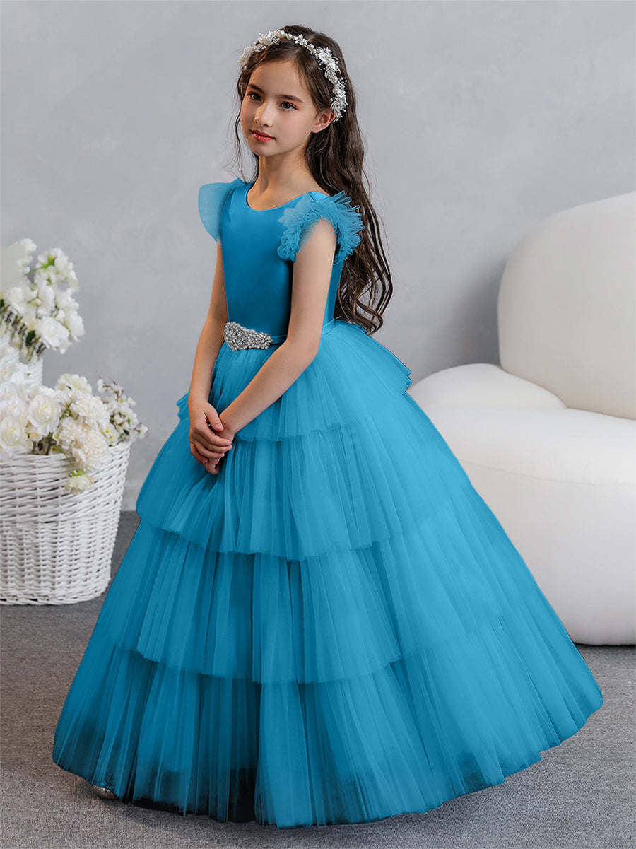 Tulle Ball Gown/Princess Flower Girl Dresses With Tiered Pleats & Rhinestones