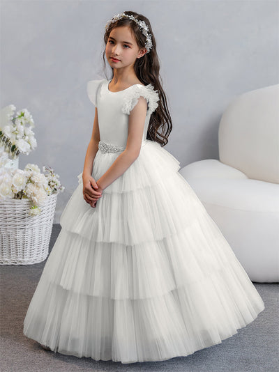 Tulle Ball Gown/Princess Flower Girl Dresses With Tiered Pleats & Rhinestones