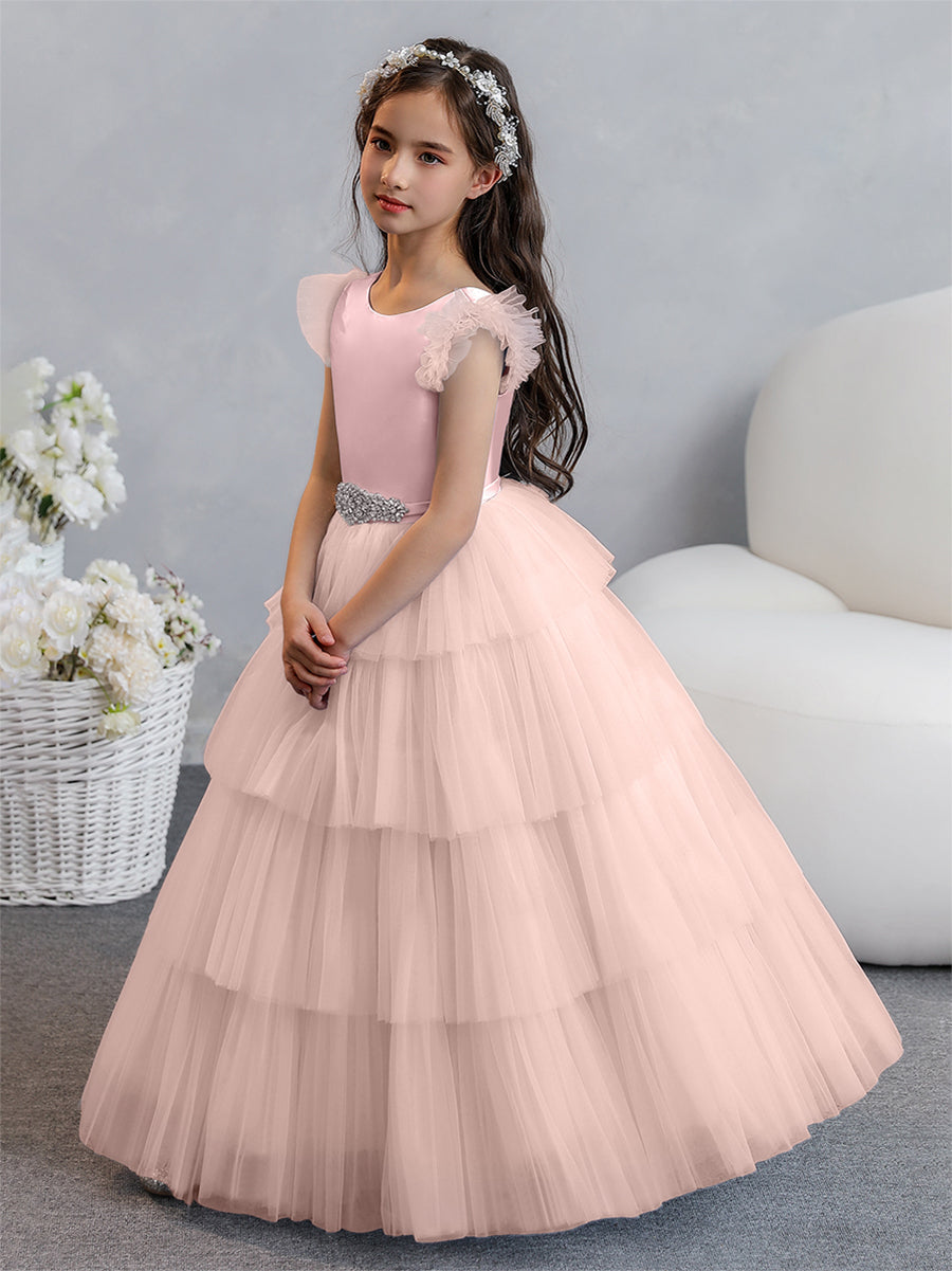 Tulle Ball Gown/Princess Flower Girl Dresses With Tiered Pleats & Rhinestones