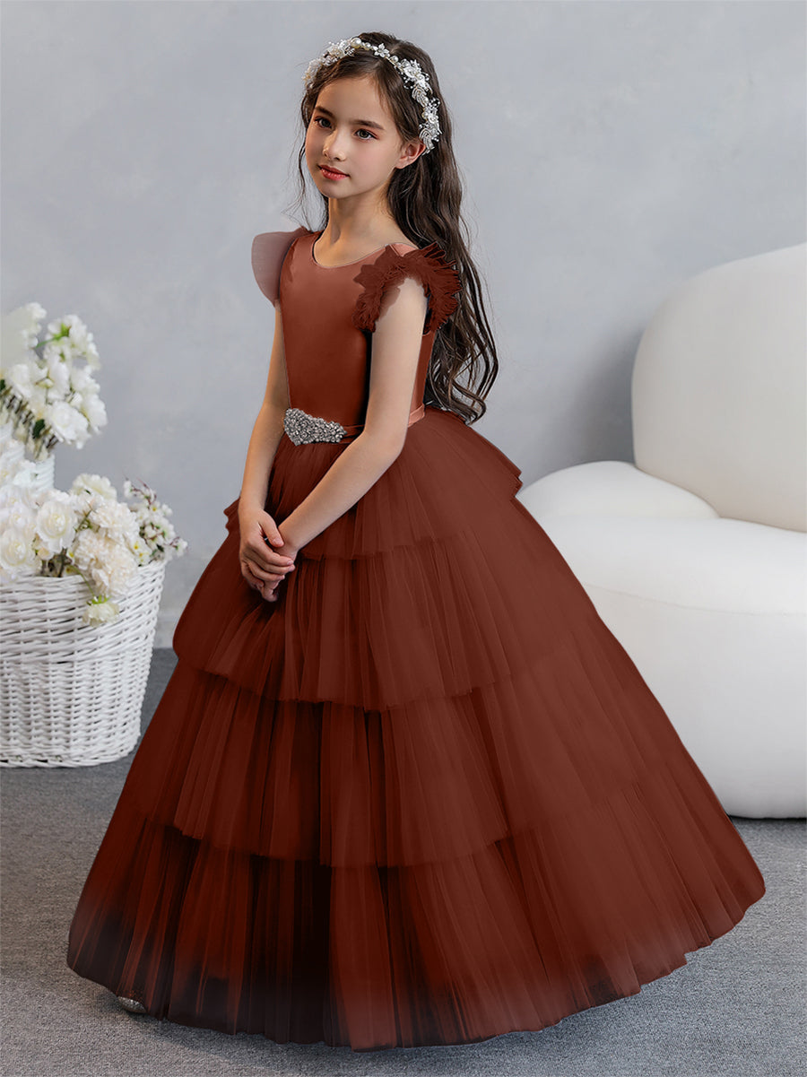 Tulle Ball Gown/Princess Flower Girl Dresses With Tiered Pleats & Rhinestones