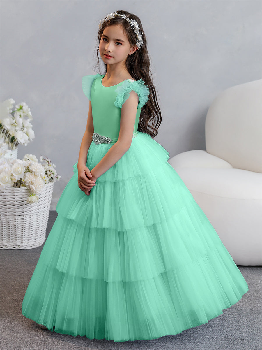 Tulle Ball Gown/Princess Flower Girl Dresses With Tiered Pleats & Rhinestones