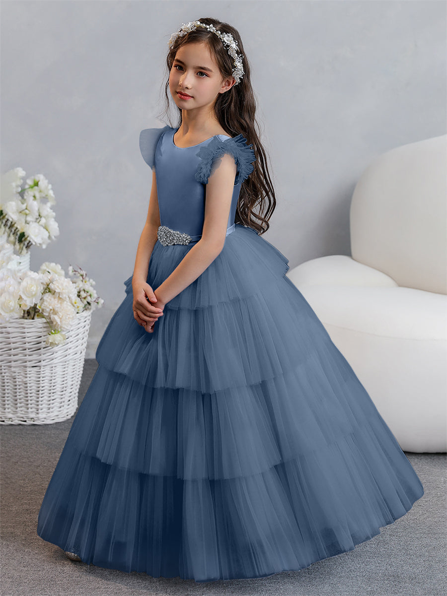 Tulle Ball Gown/Princess Flower Girl Dresses With Tiered Pleats & Rhinestones