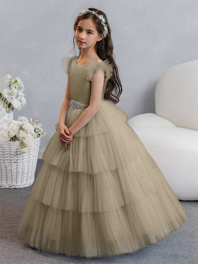 Tulle Ball Gown/Princess Flower Girl Dresses With Tiered Pleats & Rhinestones