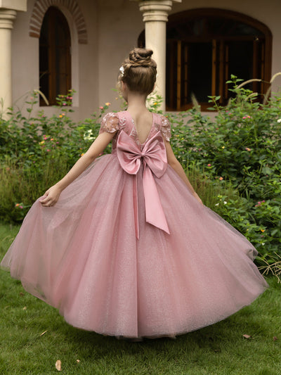 Crew Neck Tulle Flower Girl Dresses with Applique & Satin Bowknot