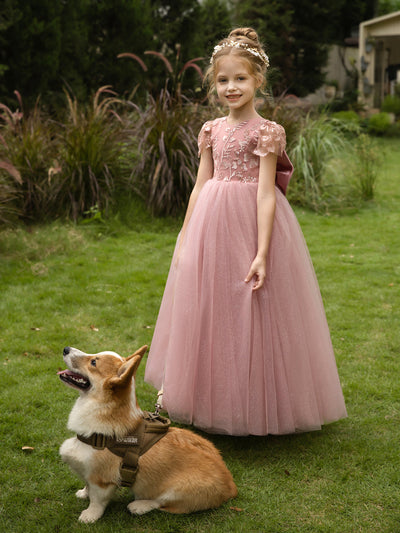 Crew Neck Tulle Flower Girl Dresses with Applique & Satin Bowknot