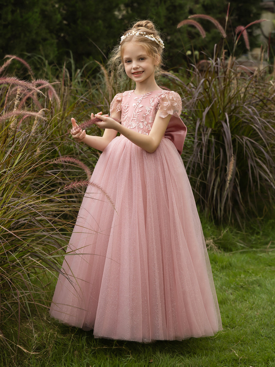 Crew Neck Tulle Flower Girl Dresses with Applique & Satin Bowknot