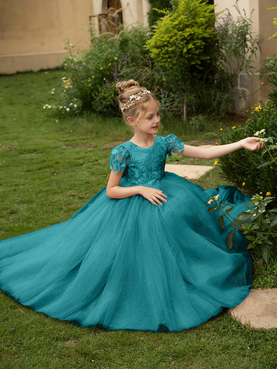 Crew Neck Tulle Flower Girl Dresses with Applique & Satin Bowknot