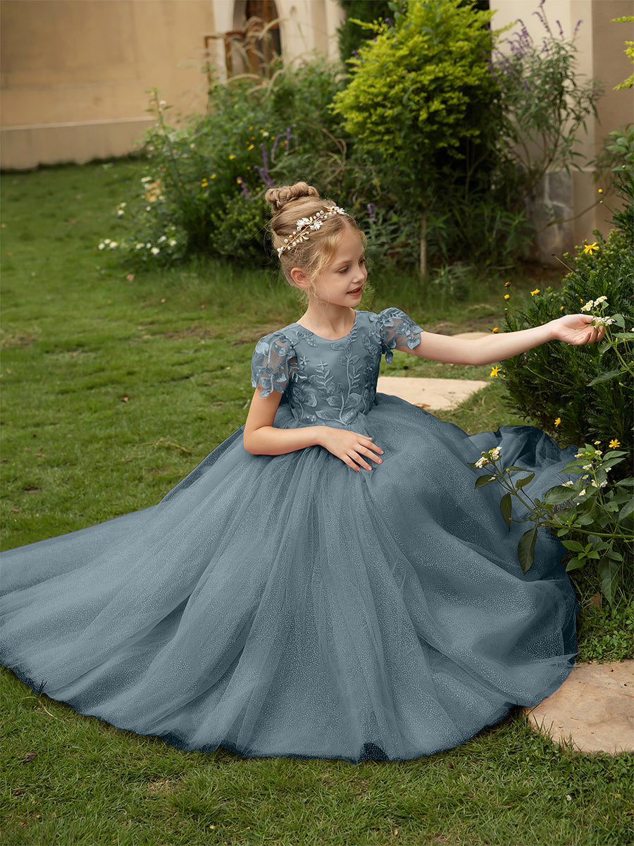 Crew Neck Tulle Flower Girl Dresses with Applique & Satin Bowknot