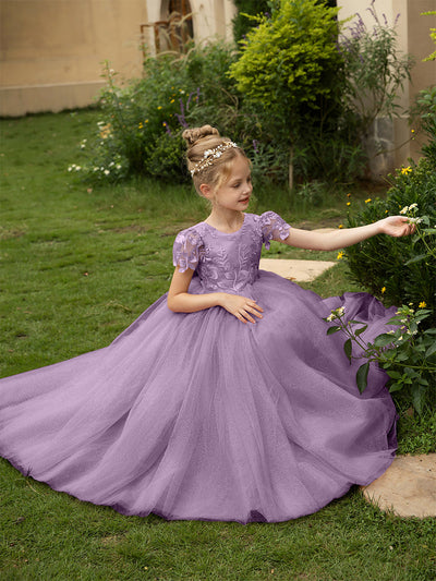 Crew Neck Tulle Flower Girl Dresses with Applique & Satin Bowknot