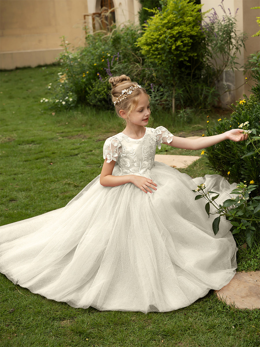 Crew Neck Tulle Flower Girl Dresses with Applique & Satin Bowknot