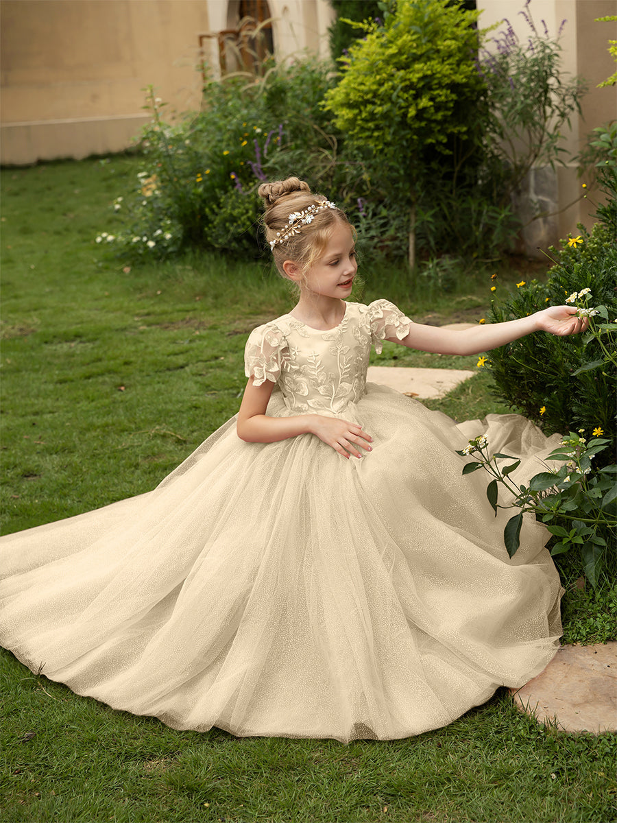 Crew Neck Tulle Flower Girl Dresses with Applique & Satin Bowknot