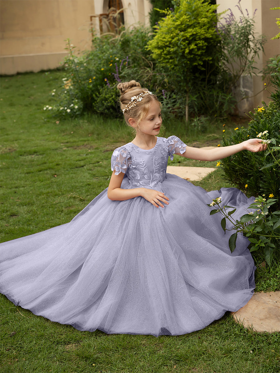 Crew Neck Tulle Flower Girl Dresses with Applique & Satin Bowknot