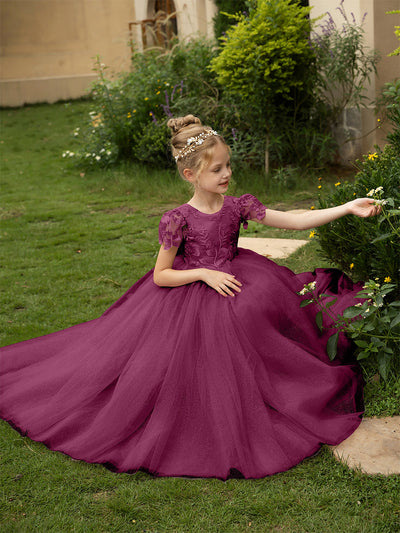 Crew Neck Tulle Flower Girl Dresses with Applique & Satin Bowknot