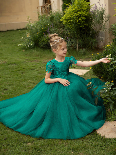 Crew Neck Tulle Flower Girl Dresses with Applique & Satin Bowknot