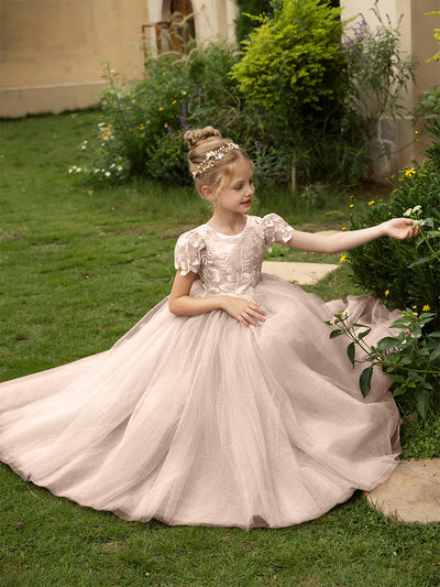 Crew Neck Tulle Flower Girl Dresses with Applique & Satin Bowknot