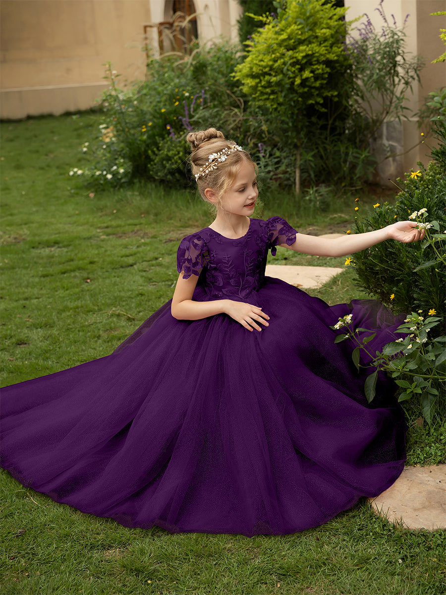 Crew Neck Tulle Flower Girl Dresses with Applique & Satin Bowknot