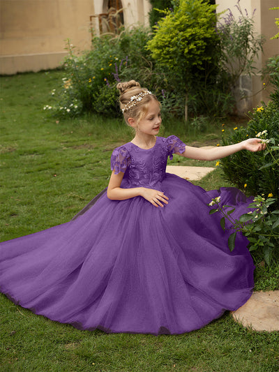 Crew Neck Tulle Flower Girl Dresses with Applique & Satin Bowknot