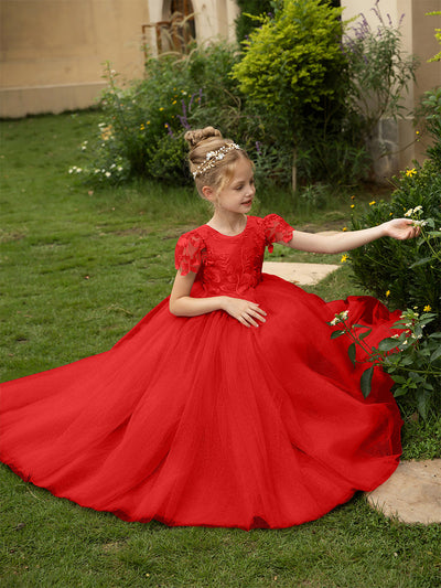 Crew Neck Tulle Flower Girl Dresses with Applique & Satin Bowknot