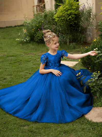 Crew Neck Tulle Flower Girl Dresses with Applique & Satin Bowknot