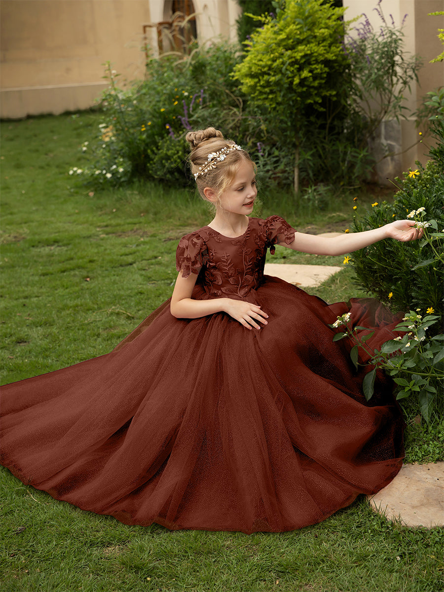 Crew Neck Tulle Flower Girl Dresses with Applique & Satin Bowknot