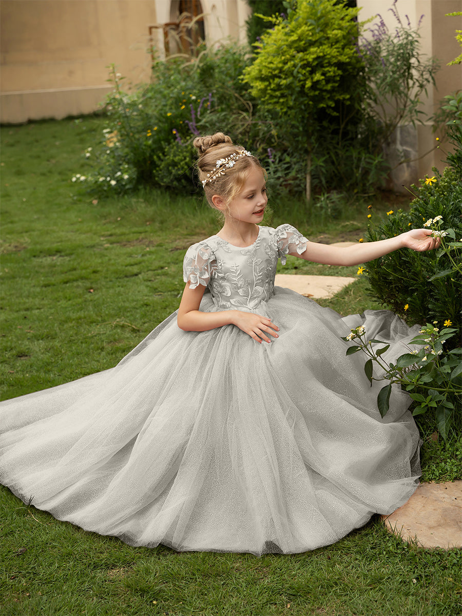 Crew Neck Tulle Flower Girl Dresses with Applique & Satin Bowknot