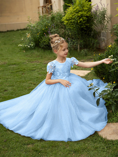 Crew Neck Tulle Flower Girl Dresses with Applique & Satin Bowknot