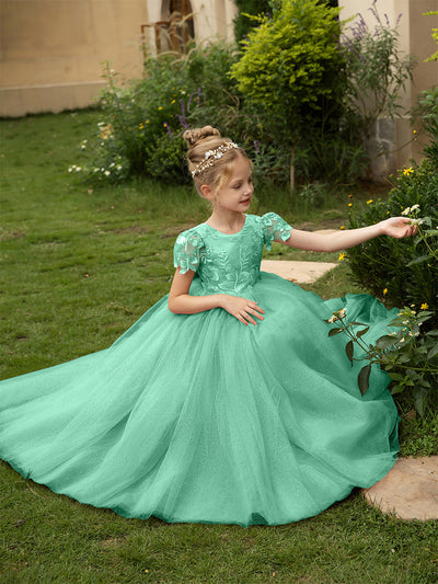 Crew Neck Tulle Flower Girl Dresses with Applique & Satin Bowknot