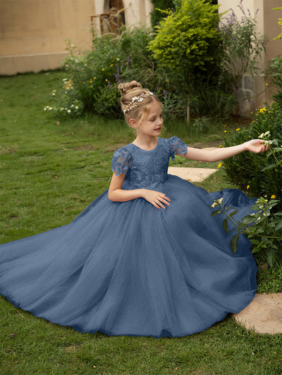 Crew Neck Tulle Flower Girl Dresses with Applique & Satin Bowknot