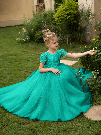 Crew Neck Tulle Flower Girl Dresses with Applique & Satin Bowknot