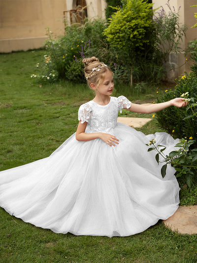 Crew Neck Tulle Flower Girl Dresses with Applique & Satin Bowknot