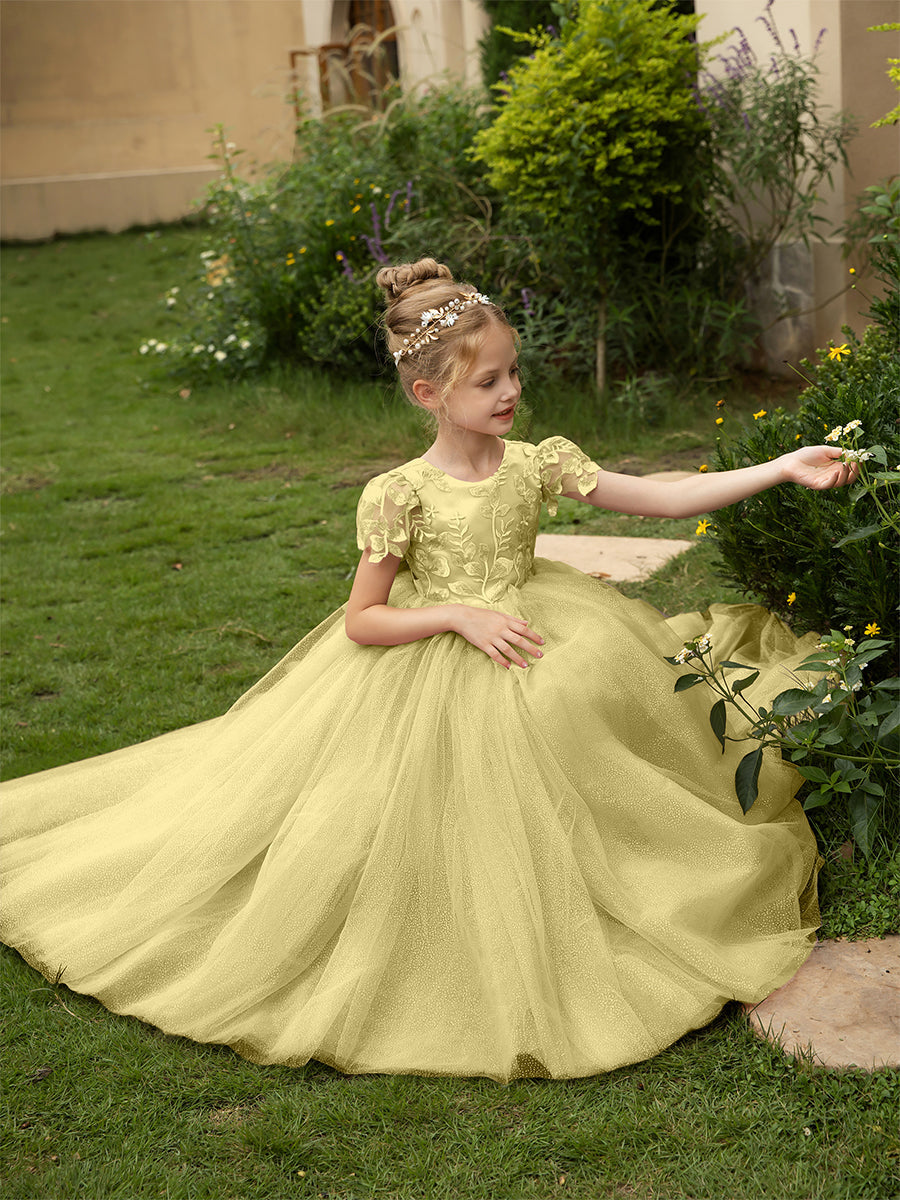 Crew Neck Tulle Flower Girl Dresses with Applique & Satin Bowknot