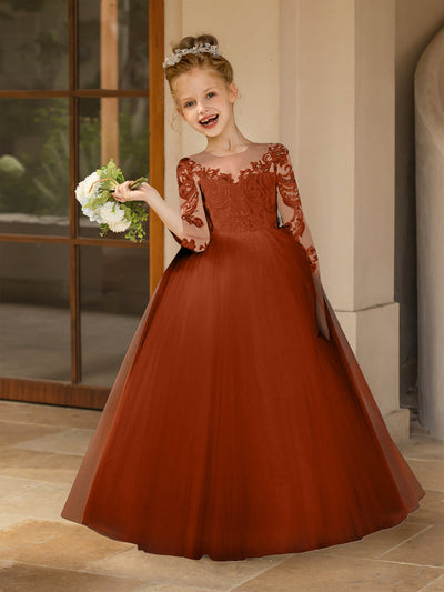 Crew Neck Tulle Flower Girl Dresses with Applique & Satin Bowknot