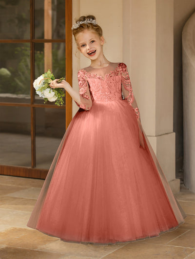 Crew Neck Tulle Flower Girl Dresses with Applique & Satin Bowknot