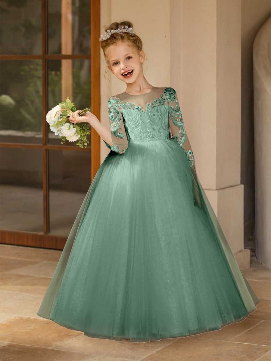 Crew Neck Tulle Flower Girl Dresses with Applique & Satin Bowknot