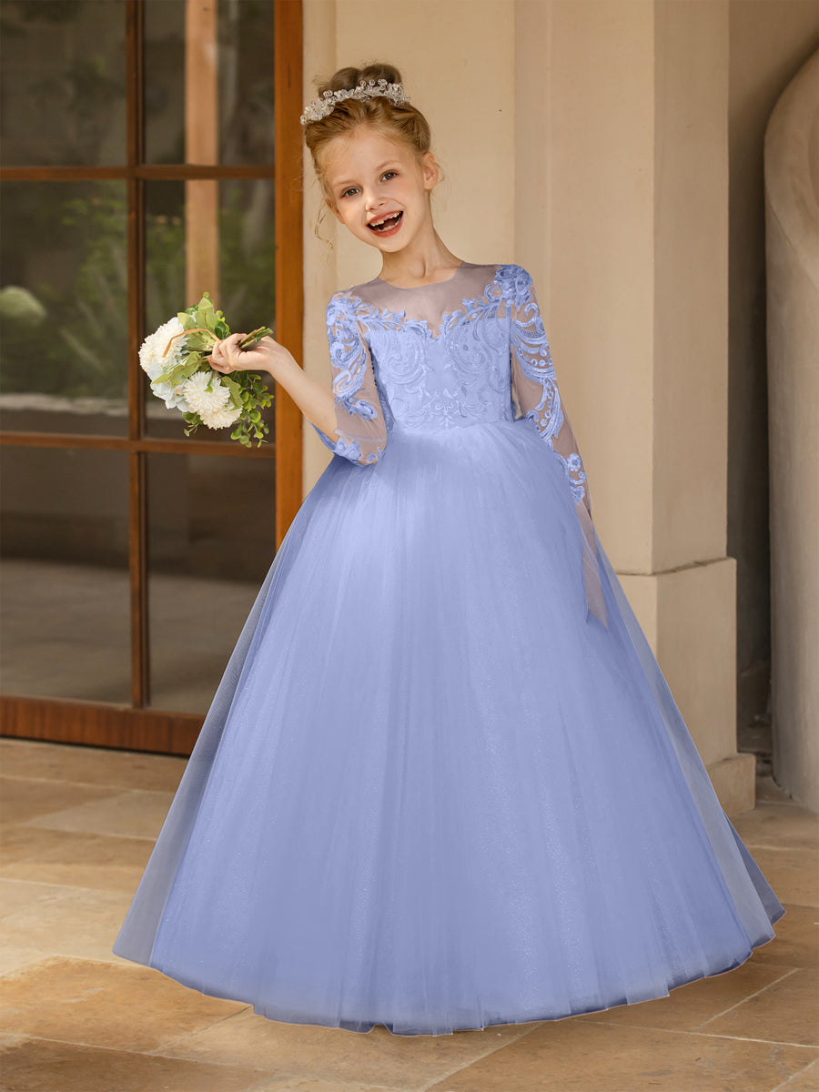 Crew Neck Tulle Flower Girl Dresses with Applique & Satin Bowknot