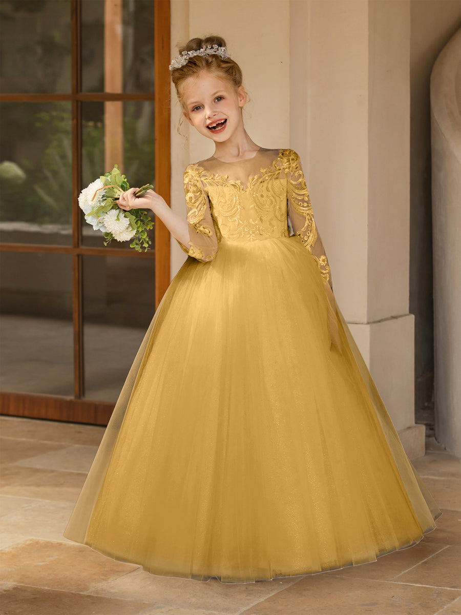 Crew Neck Tulle Flower Girl Dresses with Applique & Satin Bowknot