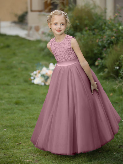 Crew Neck Tulle Flower Girl Dresses with Applique & Sash