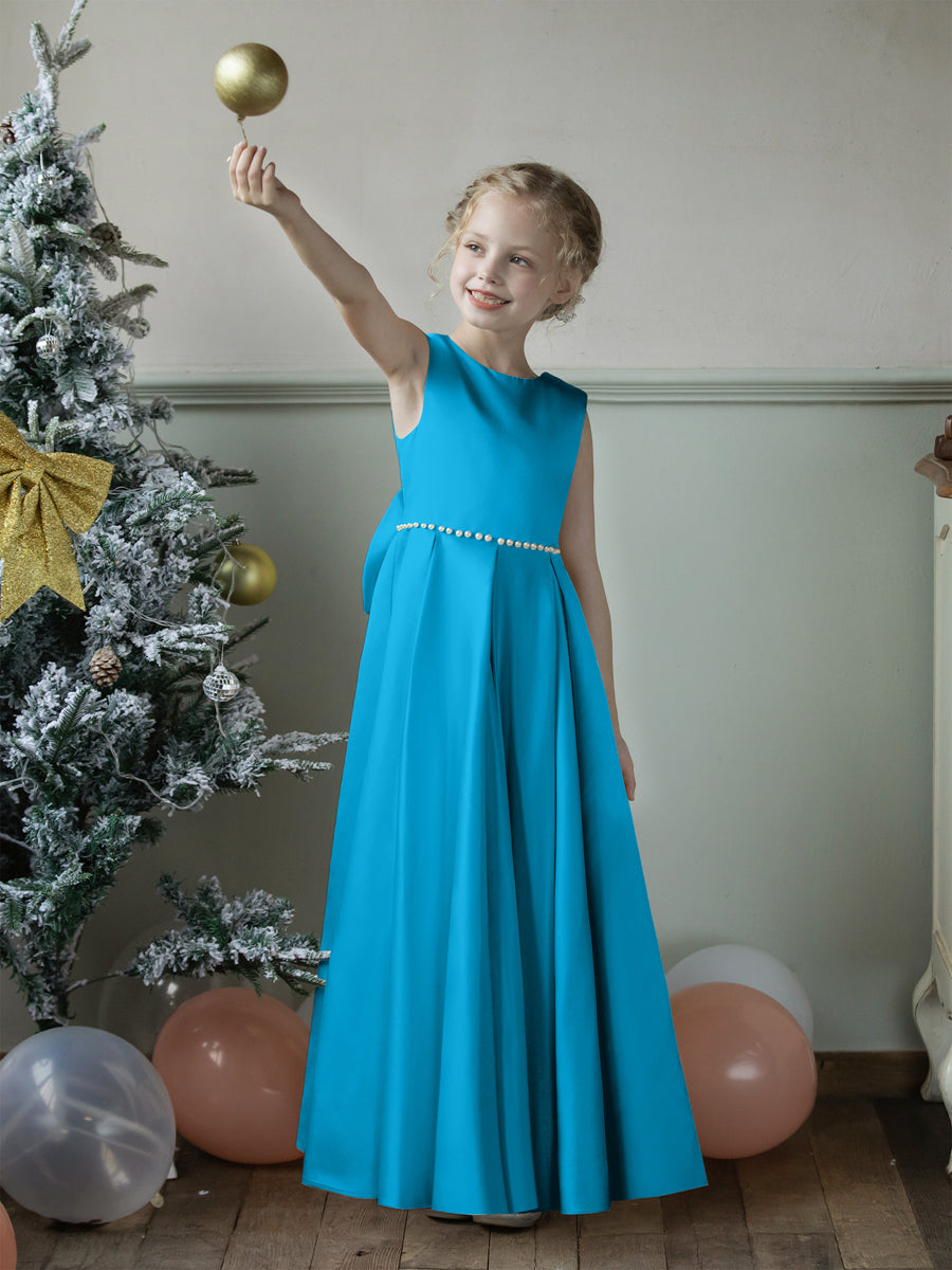 Crew Neck Satin Flower Girl Dresses with Pearls & Bowknot