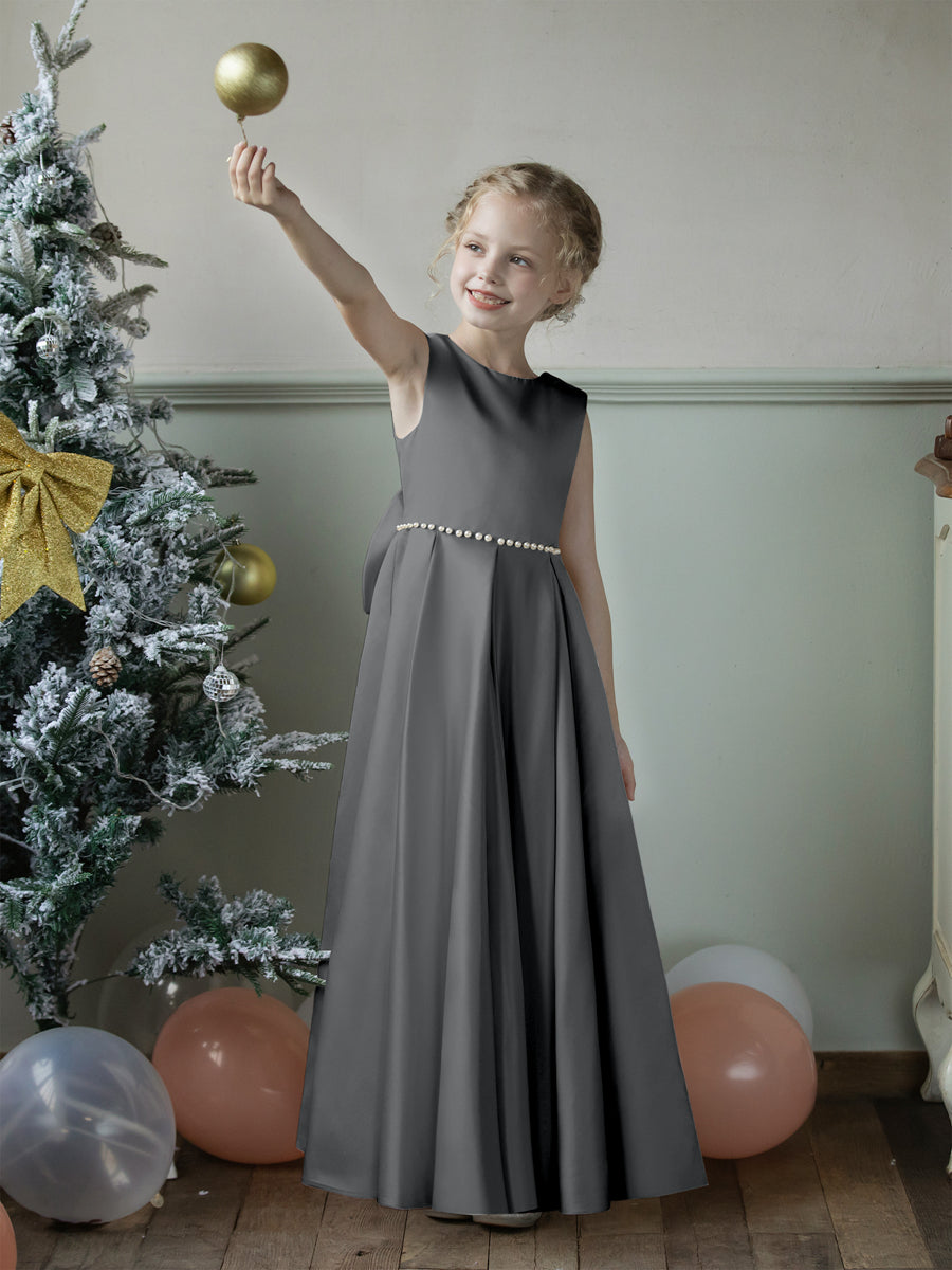 Crew Neck Satin Flower Girl Dresses with Pearls & Bowknot