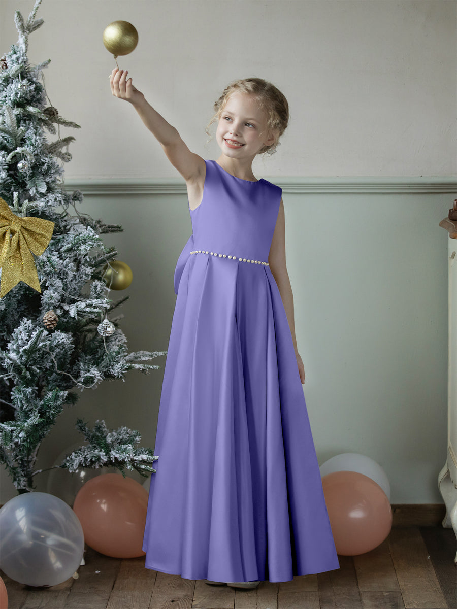 Crew Neck Satin Flower Girl Dresses with Pearls & Bowknot