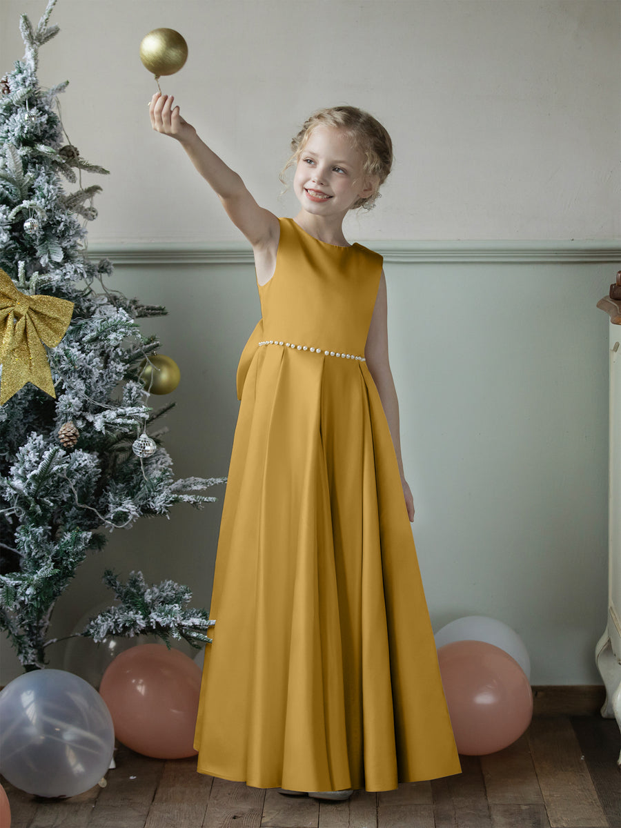 Crew Neck Satin Flower Girl Dresses with Pearls & Bowknot