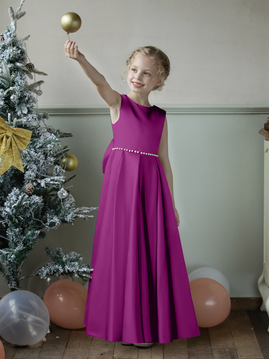 Crew Neck Satin Flower Girl Dresses with Pearls & Bowknot