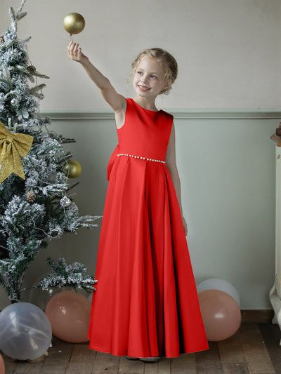 Crew Neck Satin Flower Girl Dresses with Pearls & Bowknot