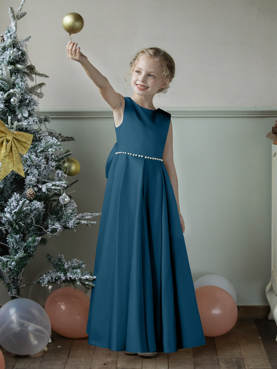 Crew Neck Satin Flower Girl Dresses with Pearls & Bowknot