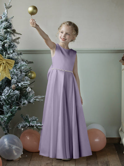 Crew Neck Satin Flower Girl Dresses with Pearls & Bowknot