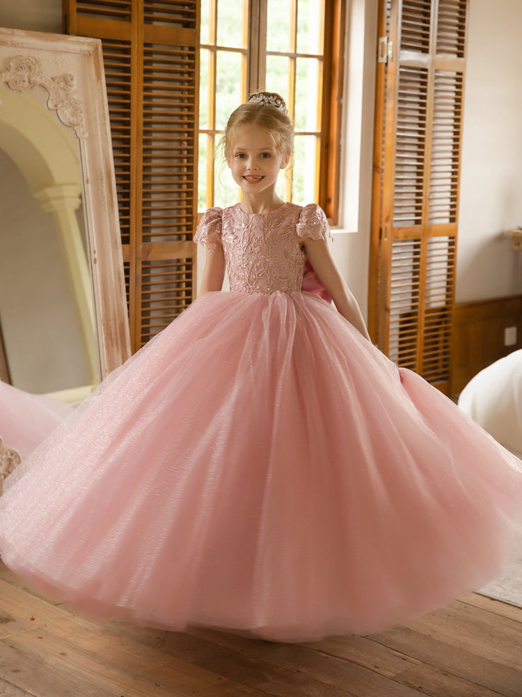 Crew Neck Tulle Flower Girl Dresses with Applique Satin Bowknot