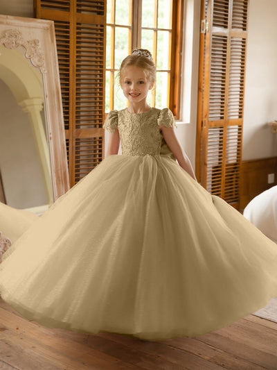 Crew Neck Tulle Flower Girl Dresses with Applique & Satin Bowknot