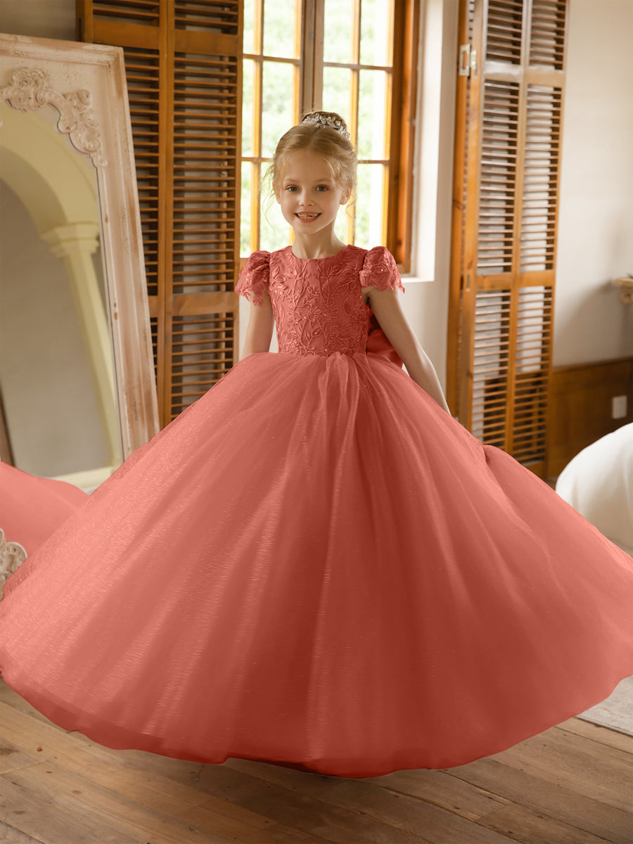 Crew Neck Tulle Flower Girl Dresses with Applique & Satin Bowknot