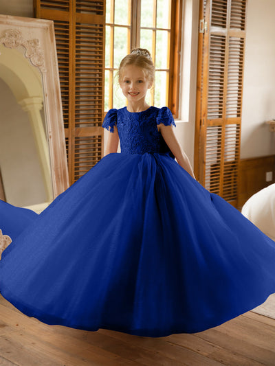 Crew Neck Tulle Flower Girl Dresses with Applique & Satin Bowknot